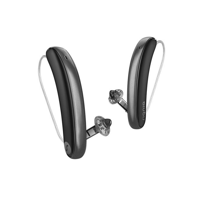 Black wireless earbuds on a white background