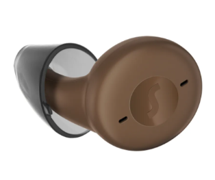 Brown wireless earbud on a white background