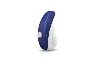Widex hearing aid in deep blue and white
