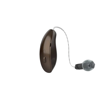 Starkey Geneiss AI mRIC hearing aid in chestnut 