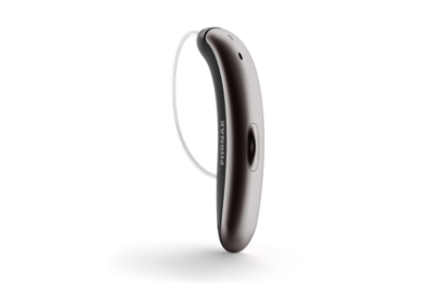 Black and silver hearing aid on a white background