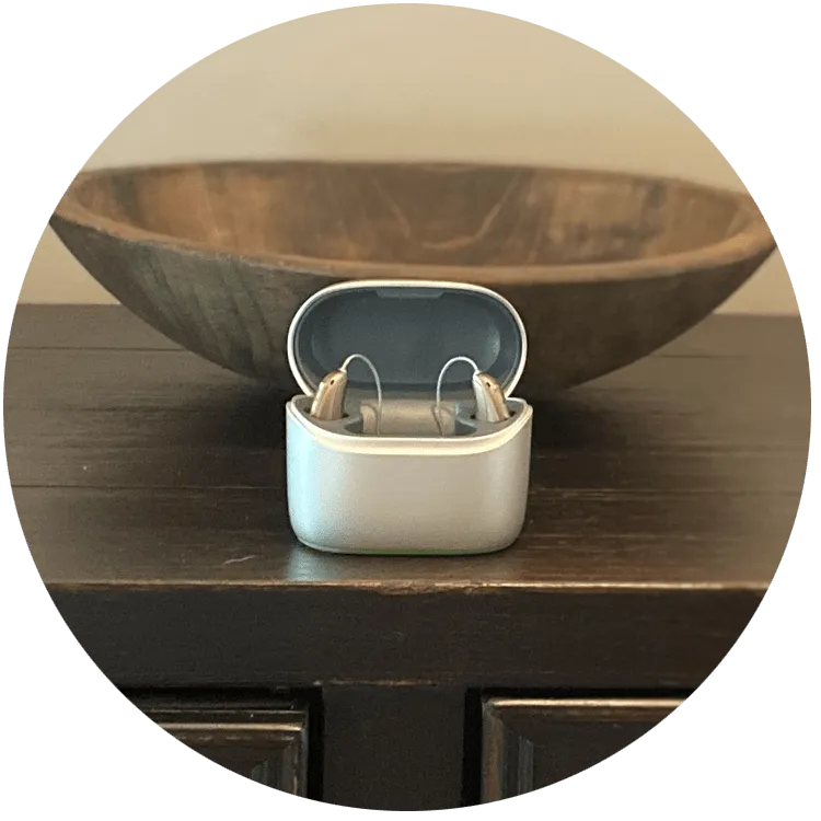 Hearing aid charging case with hearing aids inside 