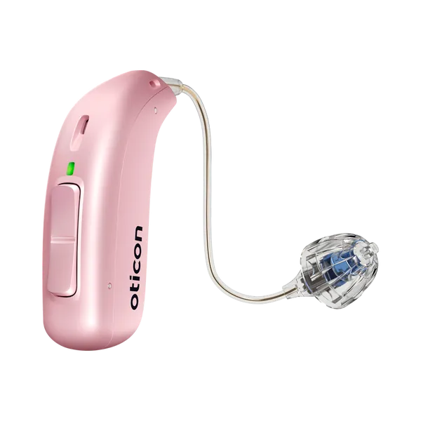 Oticon miniRITE left hearing aid in pink 