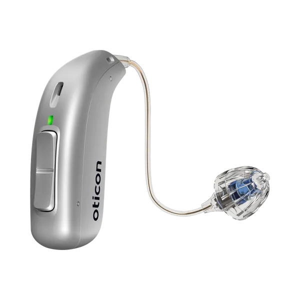 Oticon miniRITE left hearing aid in silver grey