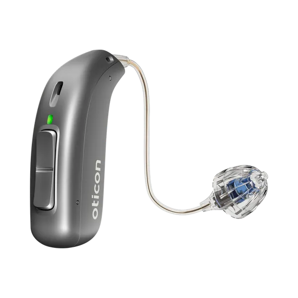 Oticon miniRITE left hearing aid in steel grey