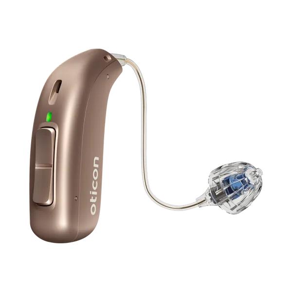 Oticon miniRITE left hearing aid in terracotta