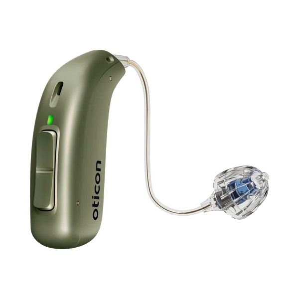 Oticon miniRITE left hearing aid in olive green 