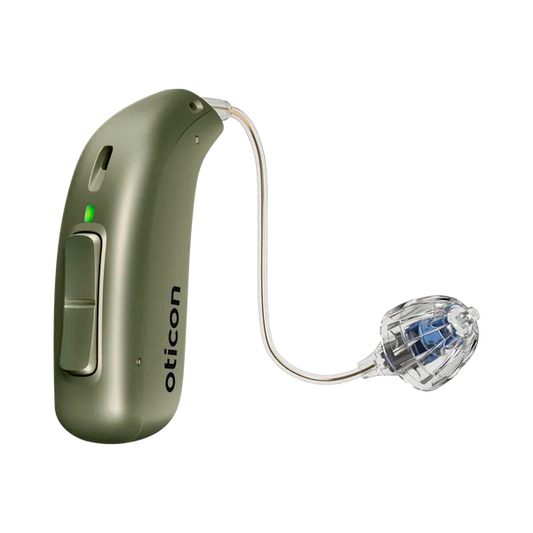 Oticon miniRITE left hearing aid in olive green 
