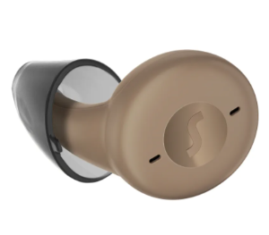 Beige wireless earbud on a white background