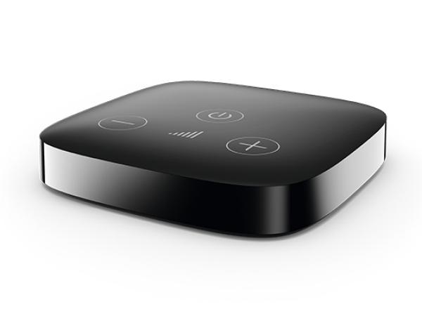 Black electronic device with control buttons on a white background