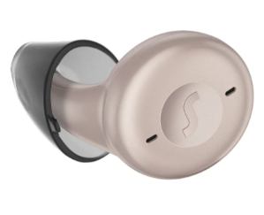 Pair of wireless earbuds on a white background