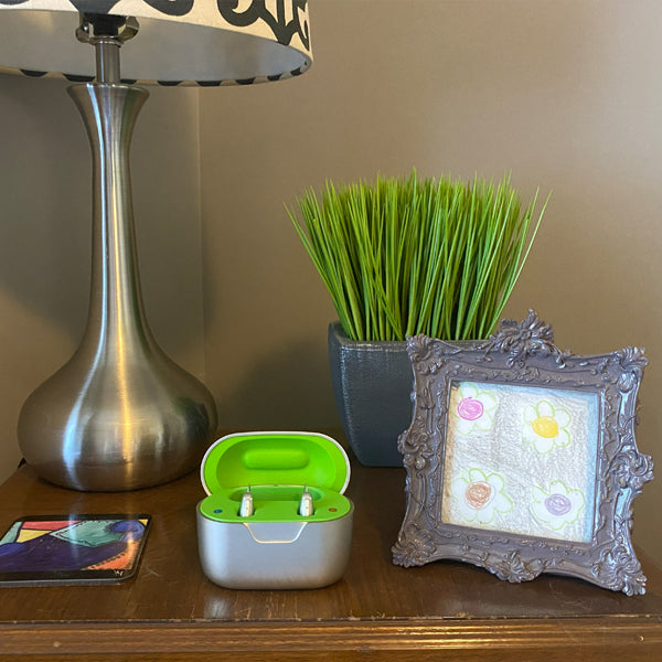 a green and white case of hearing aids on a wooden table. A drawing of flowers, a lamp, and potted plant are in the background