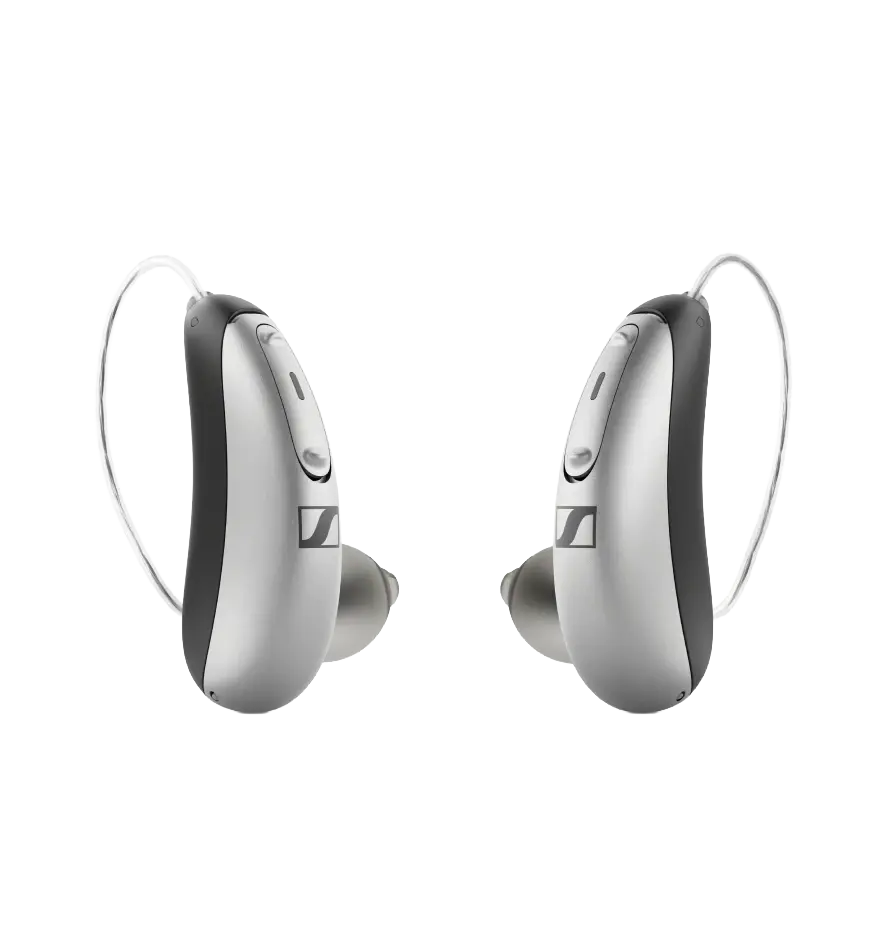 black and silver hearing aid on a clear background