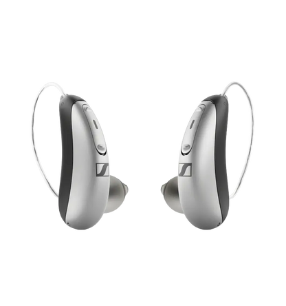 black and silver hearing aid on a clear background