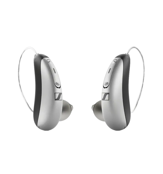 black and silver hearing aid on a clear background