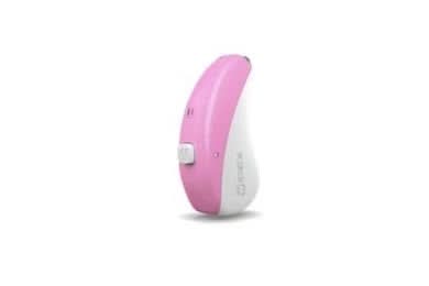 Widex hearing aid in shocking pink