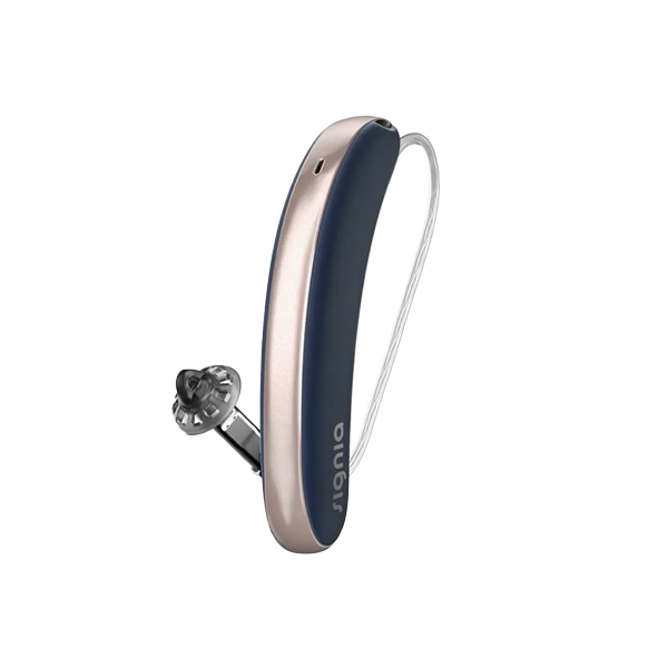 blue and silver hearing aid on a clear background
