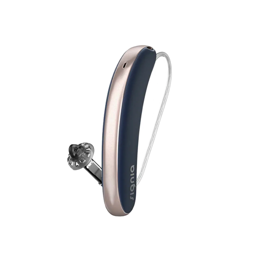 blue and silver hearing aid on a clear background