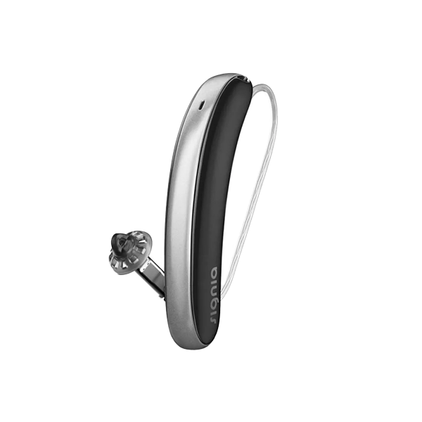 black and silver hearing aid on a clear background