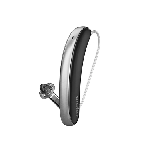 black and silver hearing aid on a clear background