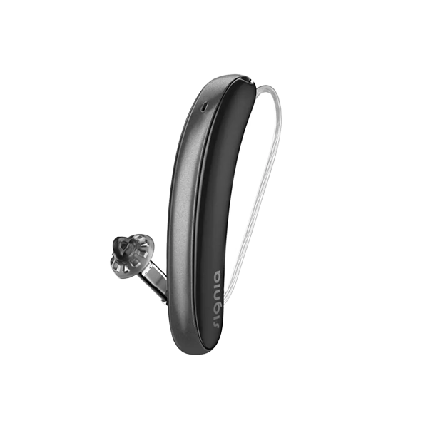 black hearing aid on a clear background