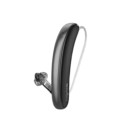 black hearing aid on a clear background