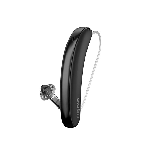 black hearing aid on a clear background