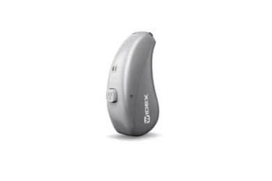 Silver hearing aid device on a white background
