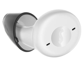 White earbud with black accent on a white background