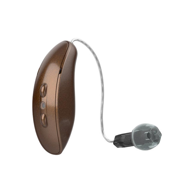 Starkey Omega RIC hearing aid in caramel