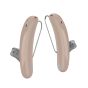 Beige earbud headphones on a white background