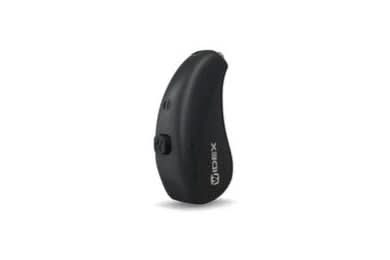 Black hearing aid device on a white background