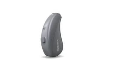 Gray hearing aid on a white background