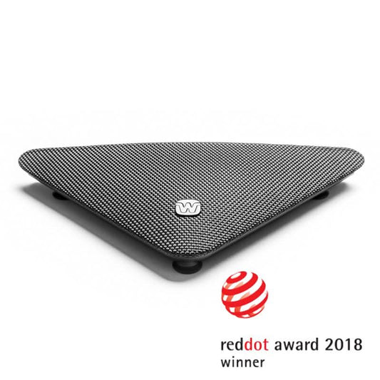Widex black triangular device tv play, featuring the Red Dot Award 2018 logo.