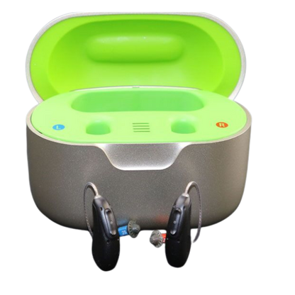 Hearing aid case with hearing aids in front of it