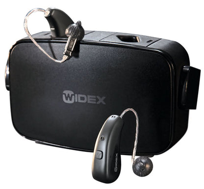 Widex hearing aid system with device and receiver on a white background